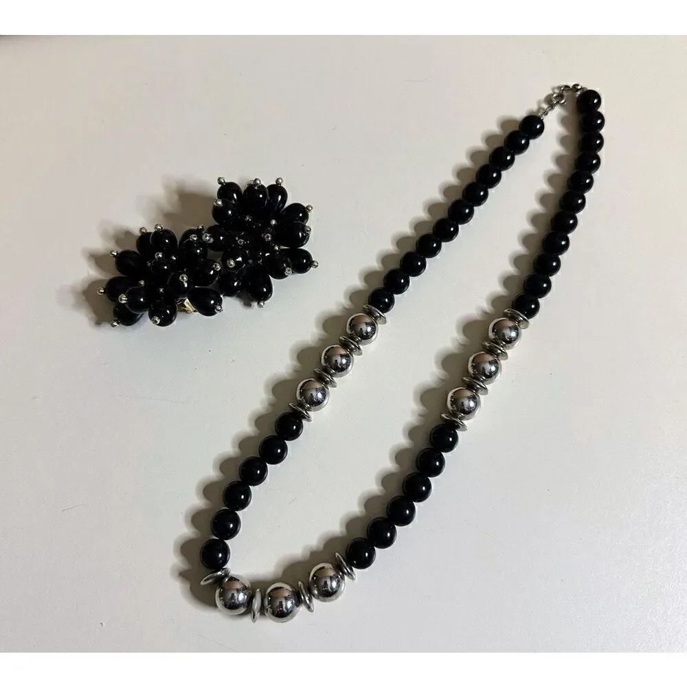 Vintage Black Beads Silver Beaded 9” Necklace with Matching Clip On Earrings